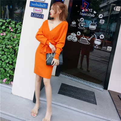 Μοντέρνο γυναικείο πλεκτό φόρεμα με μακριά μανίκια και κορδέλα σε τρία χρώματα