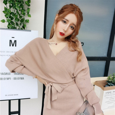 Μοντέρνο γυναικείο πλεκτό φόρεμα με μακριά μανίκια και κορδέλα σε τρία χρώματα