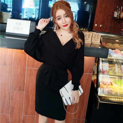 Μοντέρνο γυναικείο πλεκτό φόρεμα με μακριά μανίκια και κορδέλα σε τρία χρώματα