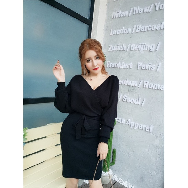 Μοντέρνο γυναικείο πλεκτό φόρεμα με μακριά μανίκια και κορδέλα σε τρία χρώματα