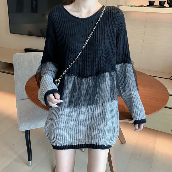 Pulover lung de dama de culoare gri-negru cu tul