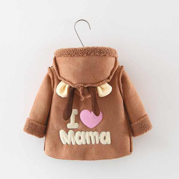 Παιδικό μπουφάν για κορίτσια με γράμματα και κουκούλα σε ροζ και καφέ χρώμα