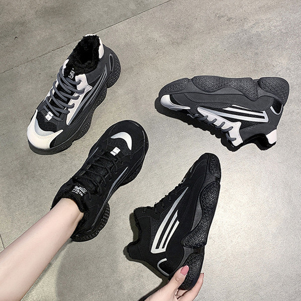 Tenisi casual de iarnă de damă, cu talpă aspră, în negru și gri