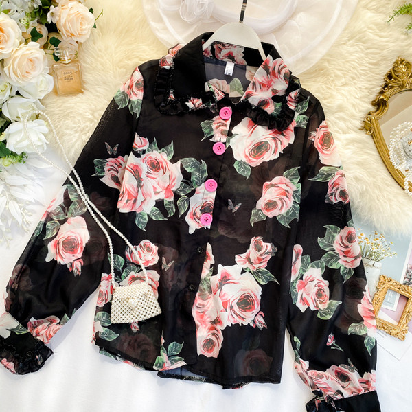 Cămașă elegantă de damă cu model floral în alb-negru