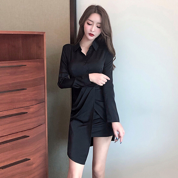 Rochie moderna de dama cu maneci lungi model asimetric in rosu si negru