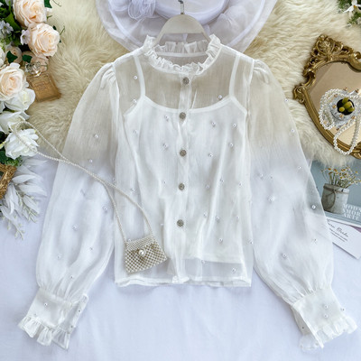 Modern női ing magas gallérral és gyöngyökkel, három színben