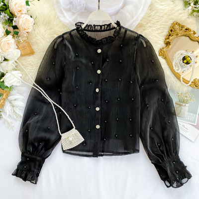 Modern női ing magas gallérral és gyöngyökkel, három színben