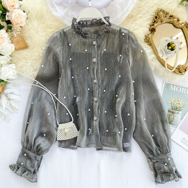 Modern női ing magas gallérral és gyöngyökkel, három színben