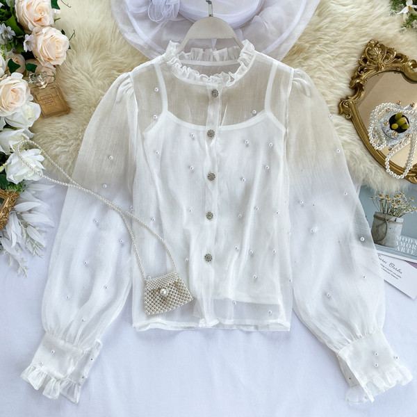 Modern női ing magas gallérral és gyöngyökkel, három színben