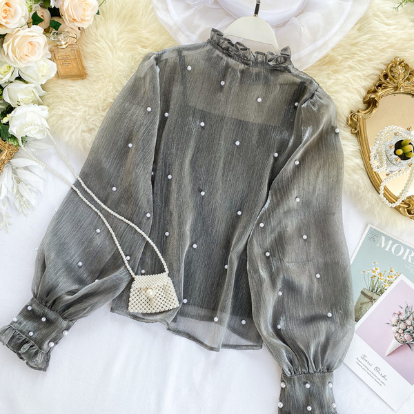 Modern női ing magas gallérral és gyöngyökkel, három színben