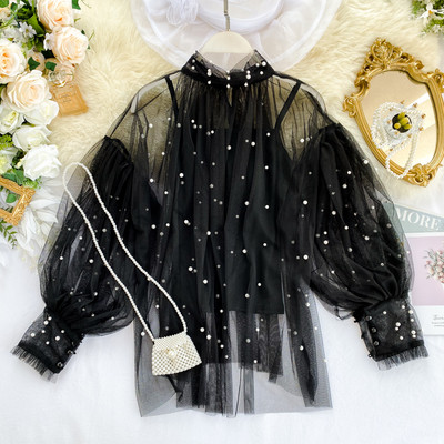 Bluza de dama moderna cu guler inalt si perle in mai multe culori