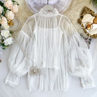 Bluza de dama moderna cu guler inalt si perle in mai multe culori