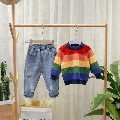 Модерен детски раиран пуловер с О-образно деколте за момчета