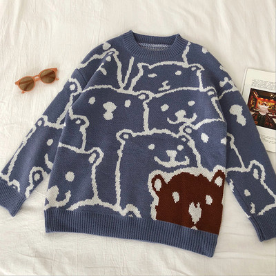 Μοντέρνο γυναικείο πουλόβερ φαρδύ σχέδια σε μπλε και πορτοκαλί χρώμα