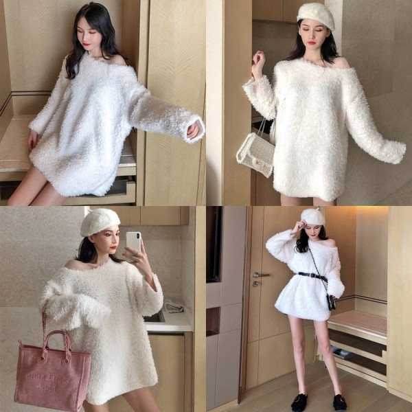 Μακρύ χνουδωτό πουλόβερ σε λευκό και πράσινο χρώμα