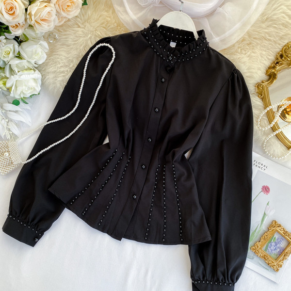 Camasa de dama modern model nou cu guler inalt si perle alb-negru