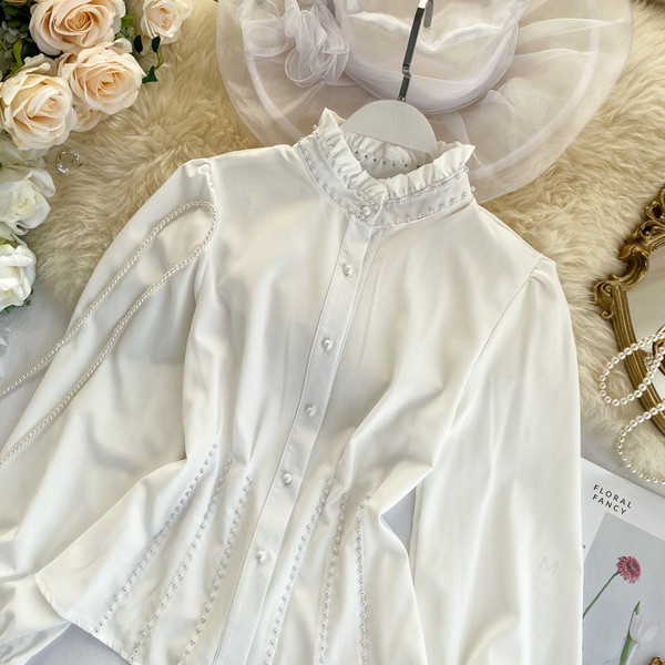 Camasa de dama modern model nou cu guler inalt si perle alb-negru