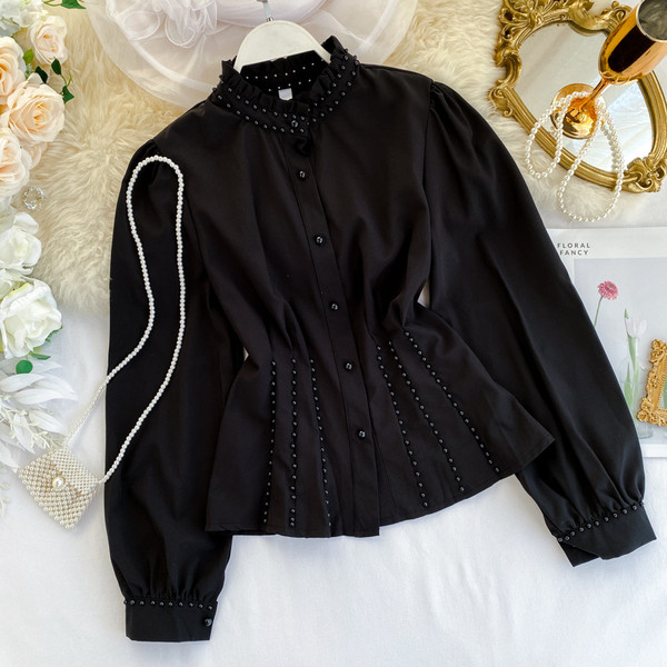 Camasa de dama modern model nou cu guler inalt si perle alb-negru