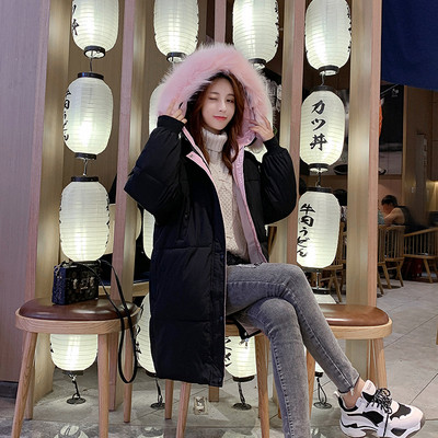 Μοντέρνο γυναικείο μακρύ μπουφάν με κουκούλα και γούνα σε τέσσερα χρώματα