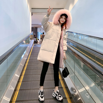 Μοντέρνο γυναικείο μακρύ μπουφάν με κουκούλα και γούνα σε τέσσερα χρώματα