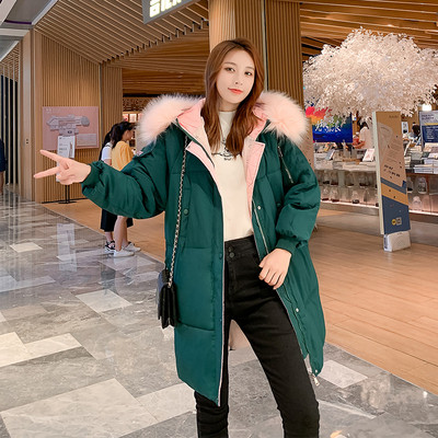 Μοντέρνο γυναικείο μακρύ μπουφάν με κουκούλα και γούνα σε τέσσερα χρώματα