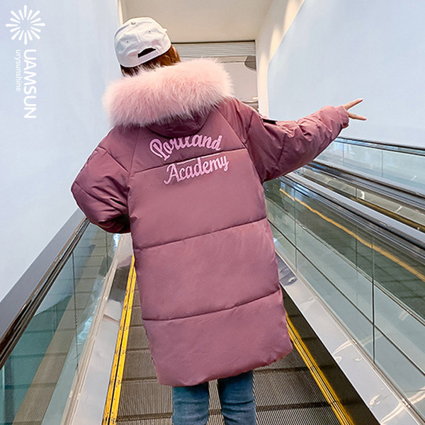 Μοντέρνο γυναικείο μακρύ μπουφάν με κουκούλα και γούνα σε τέσσερα χρώματα