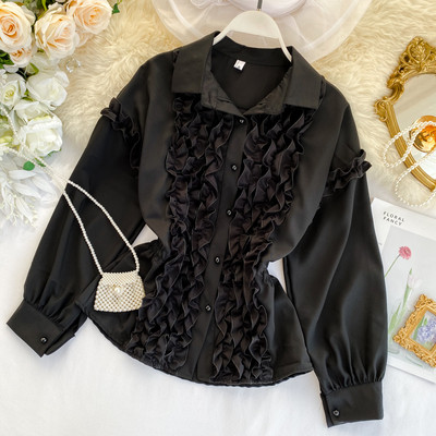 Cămașă elegantă de damă cu mâneci lungi în alb-negru