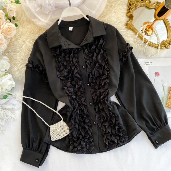 Cămașă elegantă de damă cu mâneci lungi în alb-negru