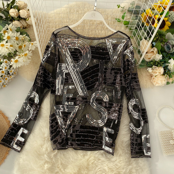 Bluză de damă modernă cu paiete de culoare închisă