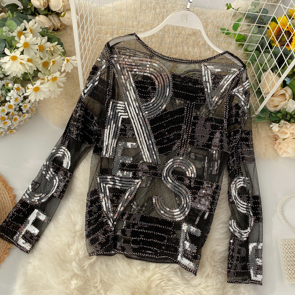 Bluză de damă modernă cu paiete de culoare închisă