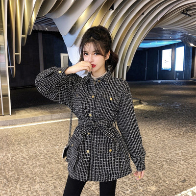 Дълго карирано палто с колан и джобове