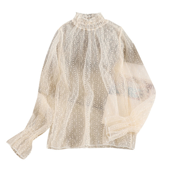 Μοντέρνα γυναικεία δαντελένιαμπλούζα με υψηλό γιακά σε τρία χρώματα