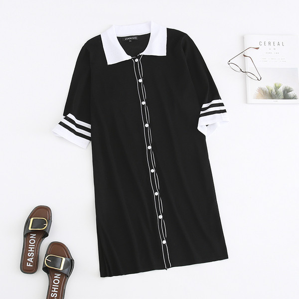 Γυναικείο casual short dress με κλασικό γιακά και κουμπιά σε μπλε και μαύρο χρώμα