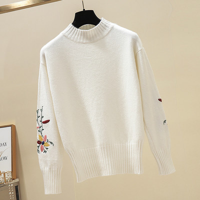 Μοντέρνο γυναικείο πουλόβερ με μεγάλο κολάρο και με φλοράλ κέντιμα σε διάφορα χρώματα