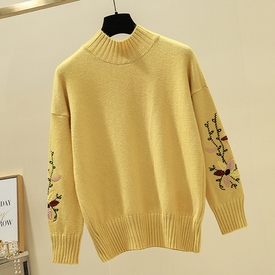 Μοντέρνο γυναικείο πουλόβερ με μεγάλο κολάρο και με φλοράλ κέντιμα σε διάφορα χρώματα