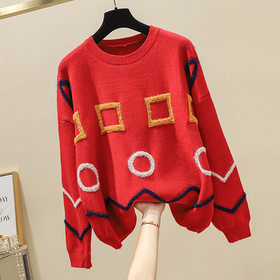 Περιστασιακό γυναικείο πουλόβερ με ωοειδές λαιμόκοψη σε μπλε, κόκκινο και μπεζ χρώμα