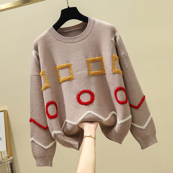 Περιστασιακό γυναικείο πουλόβερ με ωοειδές λαιμόκοψη σε μπλε, κόκκινο και μπεζ χρώμα