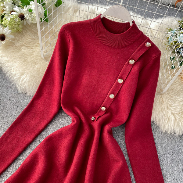 Rochie moderna de dama cu nasturi in negru si rosu