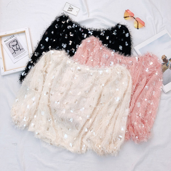 Νέο μοντέλο γυναικείο πουλόβερ με μανίκια και πούλιες σε διάφορα χρώματα