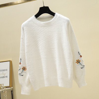 Γυναικεία πουλόβερ με Floral κέντημα σε λευκό και μπεζ χρώμα