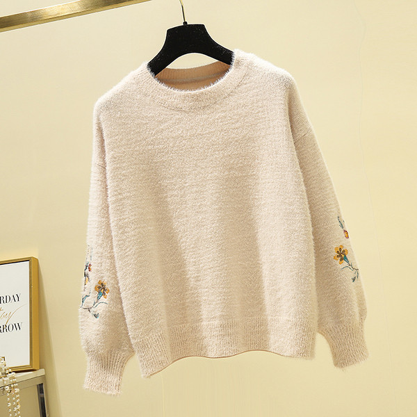 Γυναικεία πουλόβερ με Floral κέντημα σε λευκό και μπεζ χρώμα