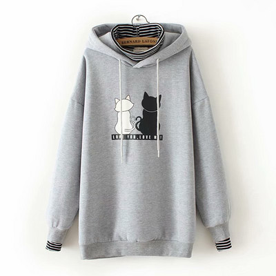 Casual γυναικείο φούτερ με κουκούλα και εφαρμογή σε γκρι και μαύρο χρώμα