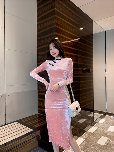 Rochie de dama moderna din catifea cu fanta in cinci culori