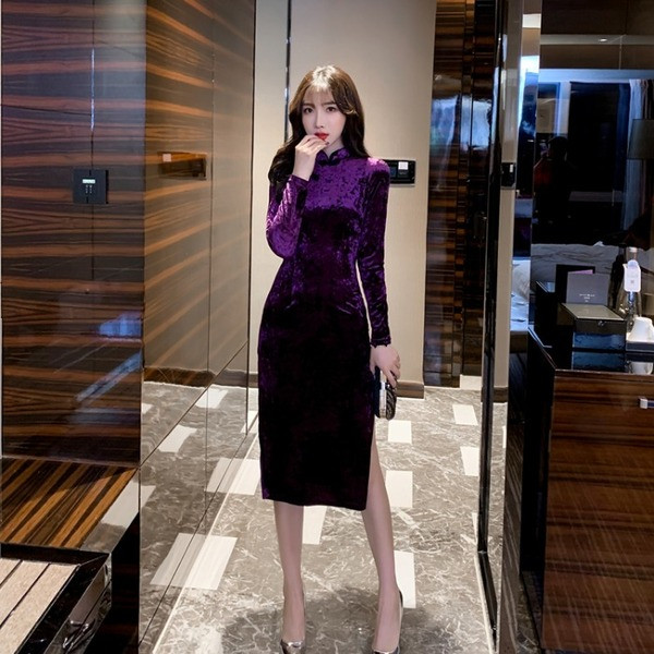 Rochie de dama moderna din catifea cu fanta in cinci culori