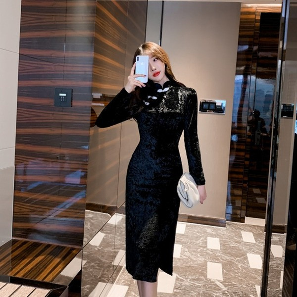 Rochie de dama moderna din catifea cu fanta in cinci culori