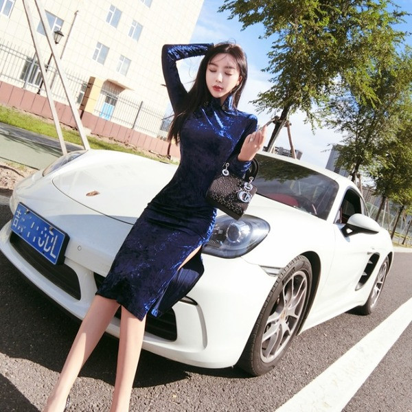 Rochie de dama moderna din catifea cu fanta in cinci culori