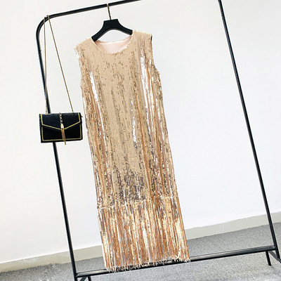 Μοντέρνο γυναικείο φόρεμα  με πούλιες και κρόσσια σε χρυσό και ροζ χρώμα