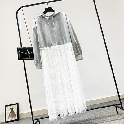 Hanorac de dama model nou cu gluga si dantela in negru si gri