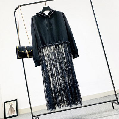 Hanorac de dama model nou cu gluga si dantela in negru si gri