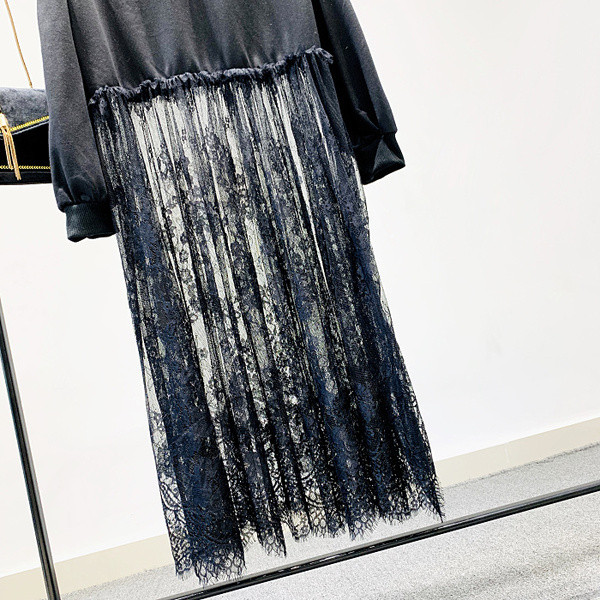 Hanorac de dama model nou cu gluga si dantela in negru si gri